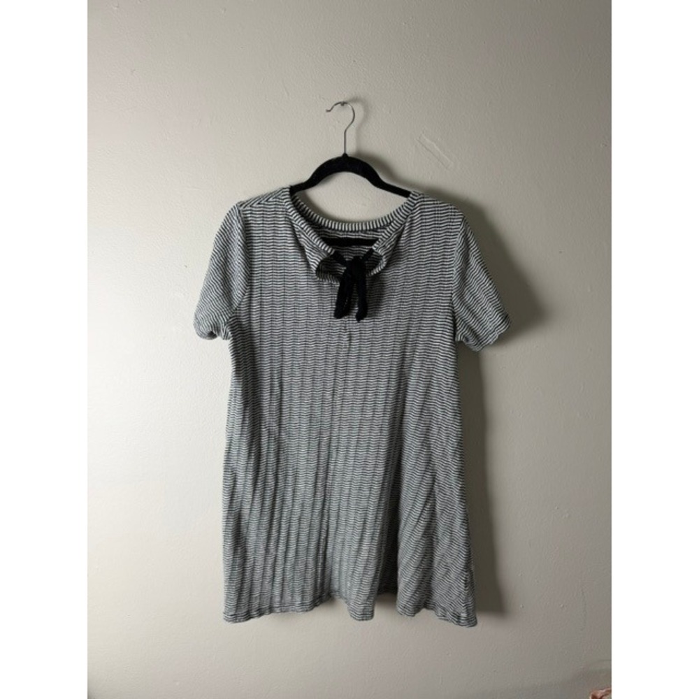 Loft Petites Women LP Black White Striped Knit Top Velvet Bow Short Sleeve Tunic